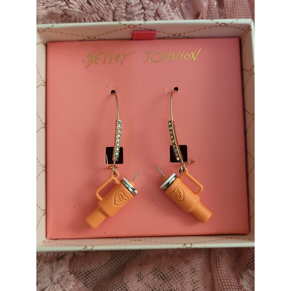 Betsey Johnson Jewelry - Betsey Johnson Dangle Stanley Tumbler Cup Orange Rhinestone Coffee Earrings NWOT